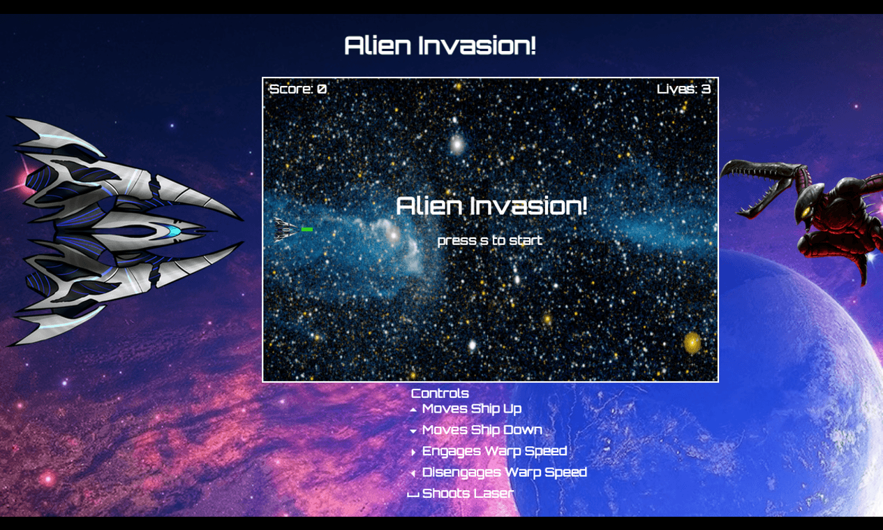 Alien Invasion: create a game in javascript without using any libraries.